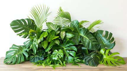 Green leaves of tropical plants, such as bushes (Monstera, palm, rubber plant, pine, bird’s nest fern), have a floral arrangement in the indoor garden, with a natural backdrop and white background.