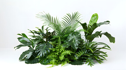 Green leaves of tropical plants, such as bushes (Monstera, palm, rubber plant, pine, bird’s nest fern), have a floral arrangement in the indoor garden, with a natural backdrop and white background.