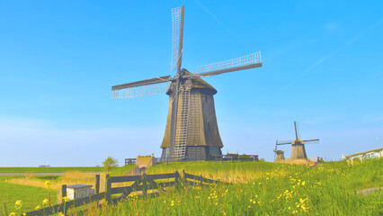 Beautiful traditional wooden windmill in the lowlands, Netherlands, Sep 2024