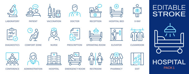 Hospital outline icon set. Collection of vaccination, doctor, x-ray and more. Vector illustration. Editable stroke.