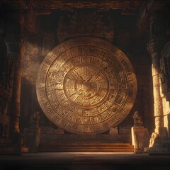 Obraz premium Aztec Calendar Stone Adorned with Complex Celestial Glyphs in Dimly Lit Temple Sanctuary