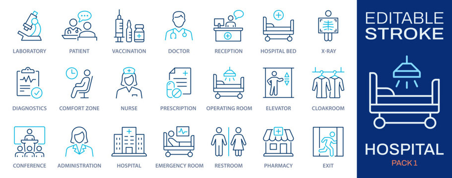 Hospital outline icon set. Collection of vaccination, doctor, x-ray and more. Vector illustration. Editable stroke.