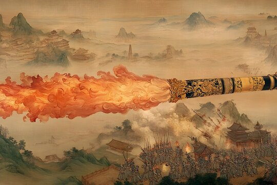 Ornate Chinese Fire Lance Amidst a Medieval Battlefield with Armored Warriors Unleashing Fiery Projectiles