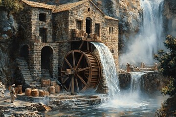 Ancient Greek Water Mill in Idyllic River Gorge Landscape