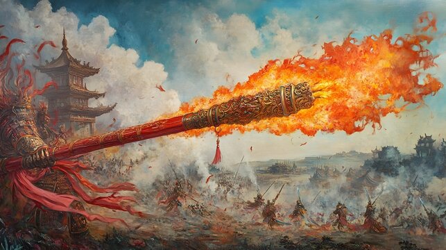 Ornate Ancient Chinese Fire Lance Unleashing Fiery Devastation on Chaotic Battlefield