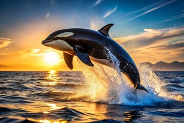 Fototapeta premium A breathtaking orca leaps from the ocean’s surface, showcasing majestic marine life. This stunning wildlife moment captures the thrill of nature in vivid detail.