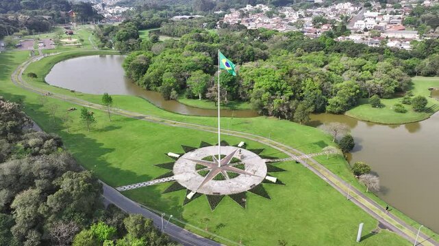 Tingui Park At Curitiba Parana Brazil. Drone Captures A Garden With Sidewalks Surrounded By Lush Trees. Town Clouds Sky Backgrounds Urban. Town Outdoor Downtown Panorama. Curitiba Parana.