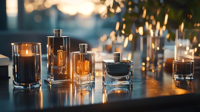 A collection of elegant perfume bottles and candles on a wooden table, surrounded by a warm, inviting atmosphere.