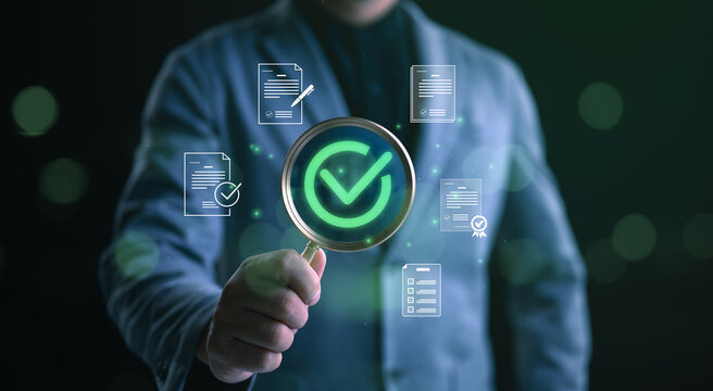service guarantee, Validation concept for business process automation, quality assurance management, certification, digital transformation. businessman show checked icon on virtual screen.