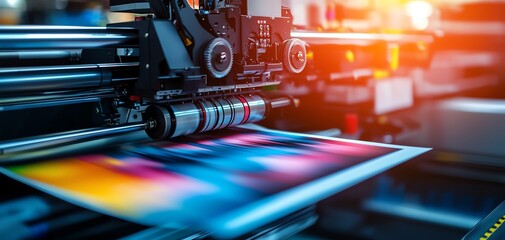High-tech printing machine in action, producing colorful prints with precision and speed, modern technology at work.