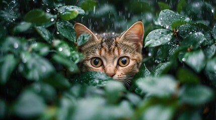 Obraz premium Cat Peeking from Bush in Rainy Environment
