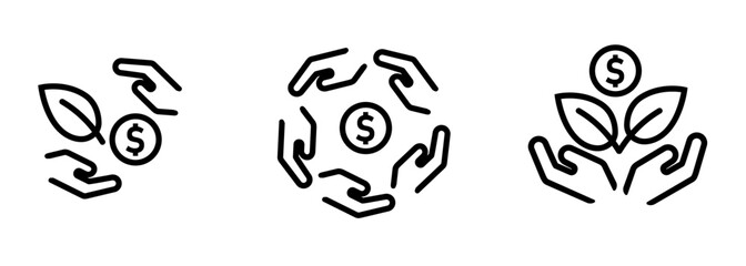 investment hand with money coin and leaves tree icon set illustration line outline stroke symbol of mutual fund money management portfolio wealth financial planning