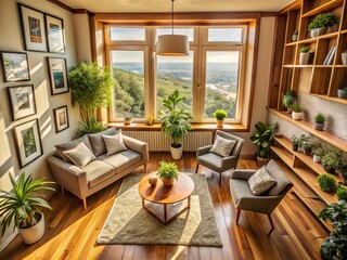 A charming living room featuring an empty wooden frame, a cozy armchair, a stylish side table, lush potted plants, and warm natural light flooding through large windows.