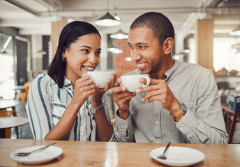 Coffee, laughing and love with couple in cafe together for bonding, relationship or romance. Hug, funny or smile with happy man and woman dating in restaurant for comedy, comfort or relaxation