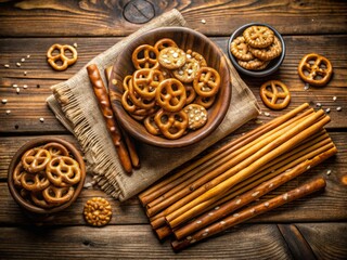 A charming vintage flat lay featuring delectable pretzel crackers and salty sticks displayed on a rustic wooden table, perfect for snack lovers and food photography enthusiasts.