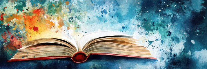 Celebrating world writers' day with an artistic open book concept. Horizontal banner. Copy space. World Poetry Day. Literacy Day. Knowledge Day. Watercolor illustration. World book day