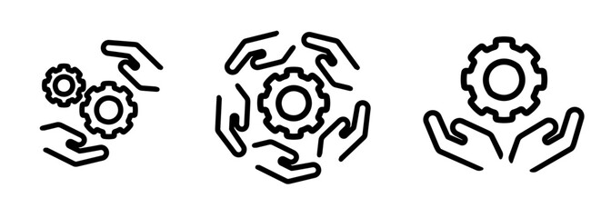 gear cogs cogwheel and hand icon set illustration line outline stroke symbol of automation engineering mechanical service collaboration teamwork