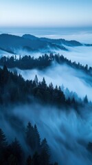 Fototapeta premium Foggy Fantasy: Aerial View of a Mountain Shrouded in Morning Fog During Blue Hour