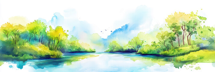 Serene river landscape for international rivers day celebration. Horizontal banner. Copy space. World water day. Save water and environment concept. Climate change problem. Watercolor illustration
