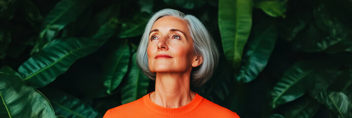 Serene Woman Against Lush Greenery Background