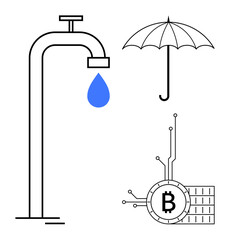 A water faucet with a blue drop, an umbrella, and a Bitcoin symbol connected with circuit lines. Ideal for financial security water conservation technology cryptocurrency protection and digital