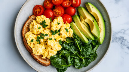 Fresh Breakfast Plate with Scrambled Eggs and Veggies