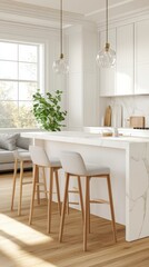 Modern White Kitchen with Island and Living Room View