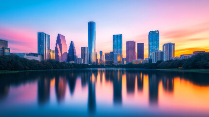 Fototapeta premium Stunning Night Scene of City Skyline Reflections