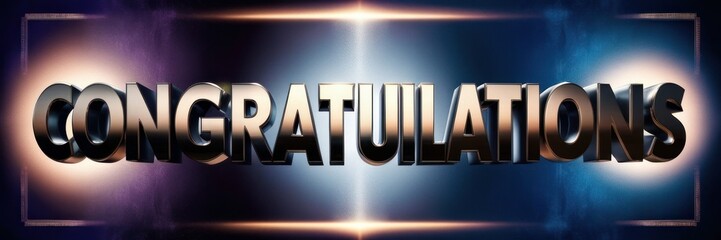 Word Congratulations in sleek, metallic letters against a dark, deep blue and purple gradient background. Website banner
