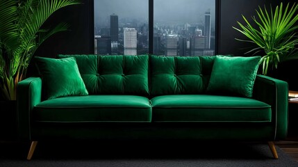 A plush emerald green velvet sofa in a modern living room setting.
