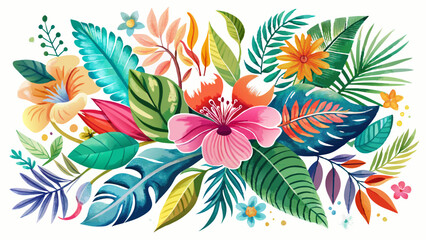 Fototapeta premium Watercolour Floral Art Flower Pattern Background Colorful Leaves Watercolor Pattern On The White Background Cute Print Botanic Composition Set Of Green Leaves Of Tropical Plants Illustration