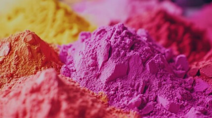 A detailed close-up of Holi powder in multiple bright shades, with intricate textures and particles in focus.
