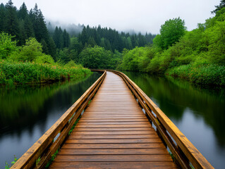 Obraz premium Serene Wooden Pathway by Tranquil River