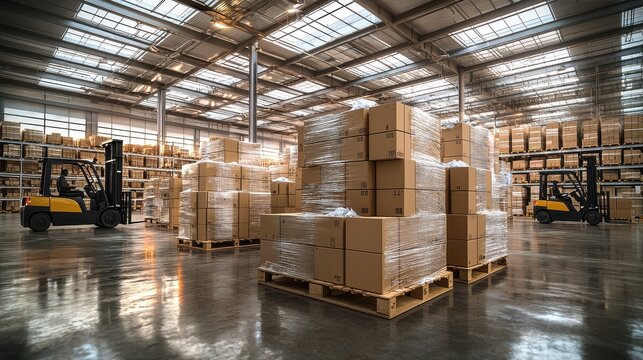 Busy warehouse filled with stacked boxes and forklifts operating under large skylights during the day