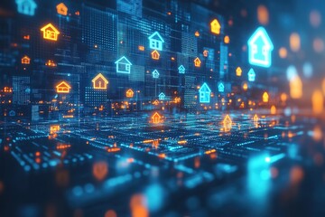 Abstract digital background with glowing house icons, representing the future of real estate and technology.