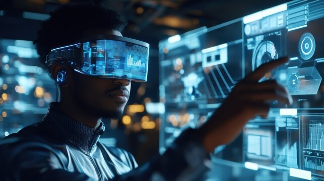 African American AI developer constructing a virtual entity's learning capabilities, with a tech