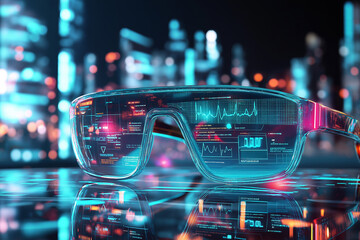 Futuristic augmented reality glasses visualizing digital data in cyber environment