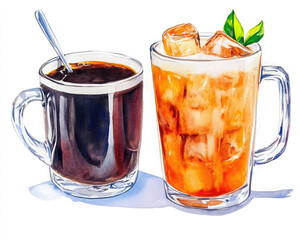 A pair of beverages: a steaming cup of black coffee and a refreshing glass of iced tea with ice cubes and a sprig of mint.