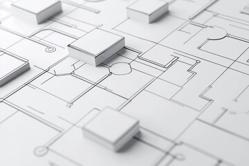 Architectural blueprint with stacked paper sheets and technical drawings