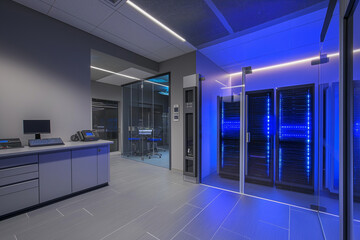 Modern data center with high-end servers and blue LED lighting.