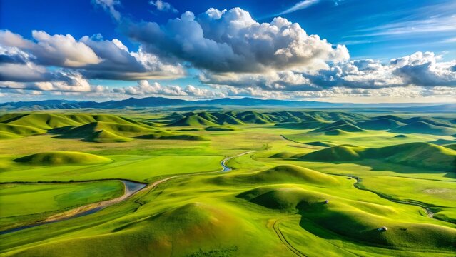 Aerial Photography of Bashang Grassland: Vast Green Plains, Rolling Hills, Scenic Landscapes, Nature's Beauty, Wide Open Spaces, Serene Environment, Breathtaking Views