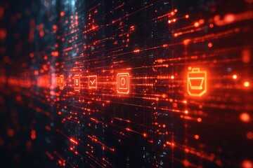 Obraz premium Abstract digital background with glowing icons representing data flow and processing.