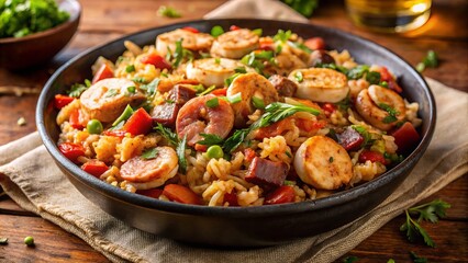 Aerial shot of classic jambalaya featuring chicken, sausage, and shrimp. Vibrant, flavorful rice dish captured in long exposure for stunning culinary photography.