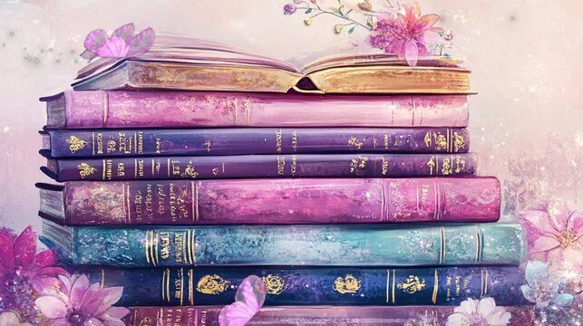 A stack of books with glittering spines and pastel colorful book cover. International book day. copy space. Video footage.
