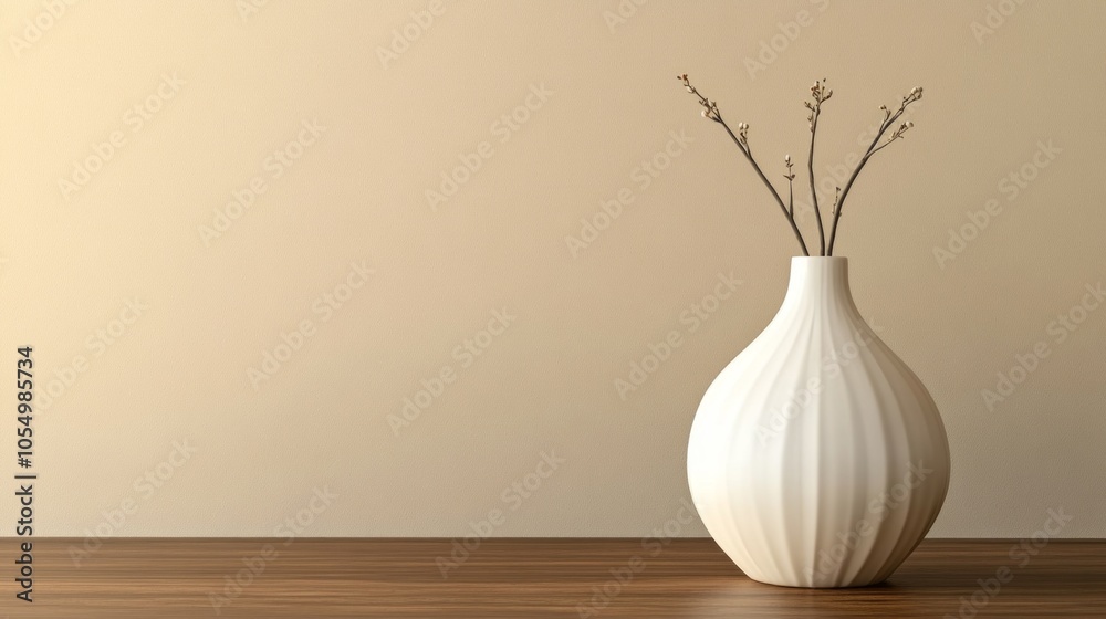 Poster a white vase with three branches in it sits on a wooden table