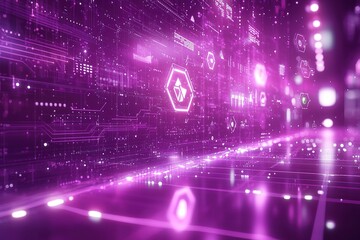 Abstract digital background with glowing lines and geometric shapes in a futuristic style.