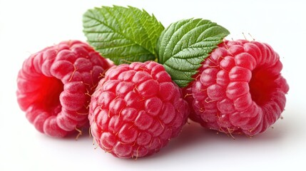 Fresh Raspberries with Leaves on White Background.