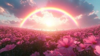 Pink Cosmos Flowers Blooming in a Field at Sunset with a Rainbow in the Sky