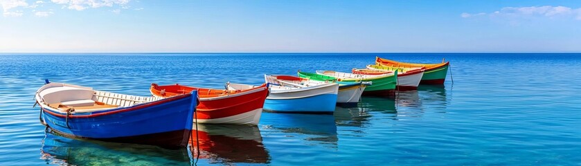 Naklejka premium Clear lake with reflections of blue skies and a few brightly colored boats, adding a sense of joy and serenity to the water