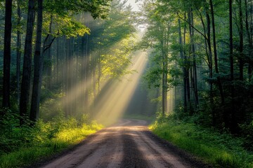 Fototapeta premium Forest Road Illuminated by Sunrays